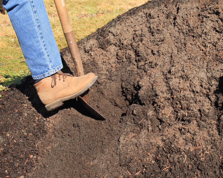 Person digging into a pile of topsoil
