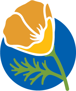 California Poppy Flower over a blue square turned on end (UC MG Logo)